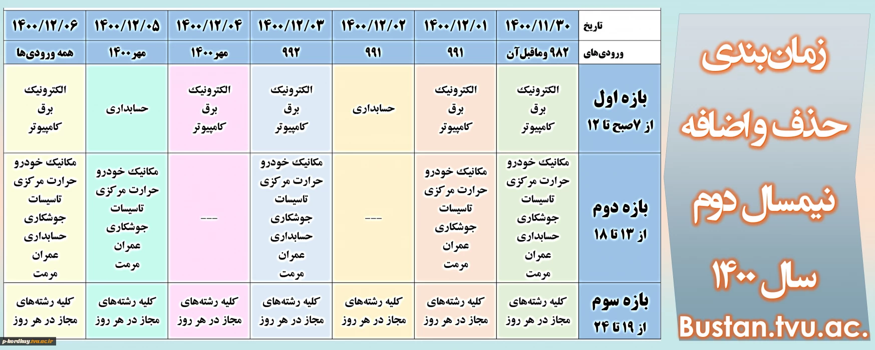 جدول زمانبندی حذف و اضافه نیمسال دوم 1400