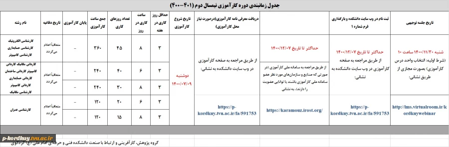 جدول زمانبندی کارآموزی