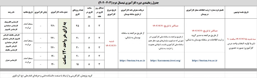 جدول زمانبندی کارآموزی نیمسال دوم 1403-1402